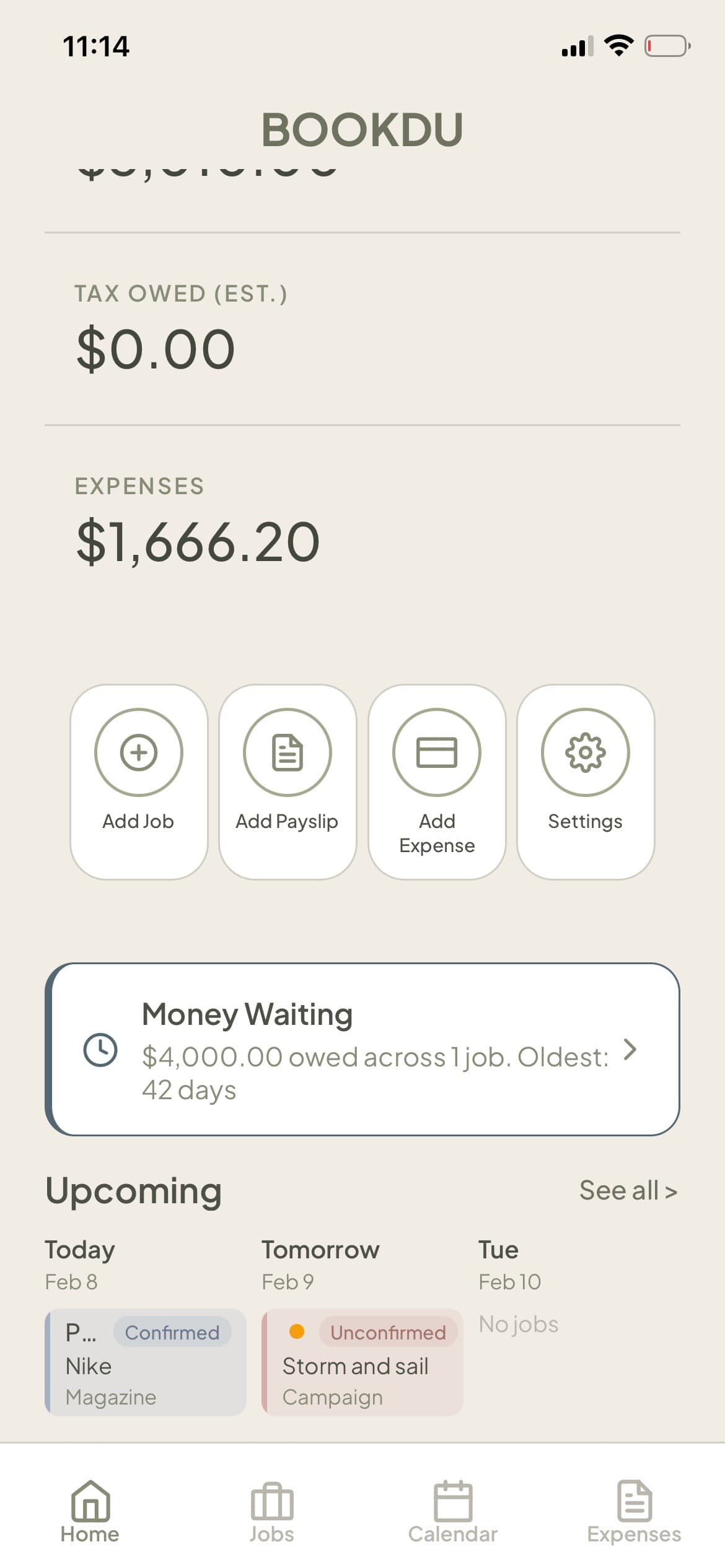 BOOKDU dashboard with calendar view showing modeling jobs and payments