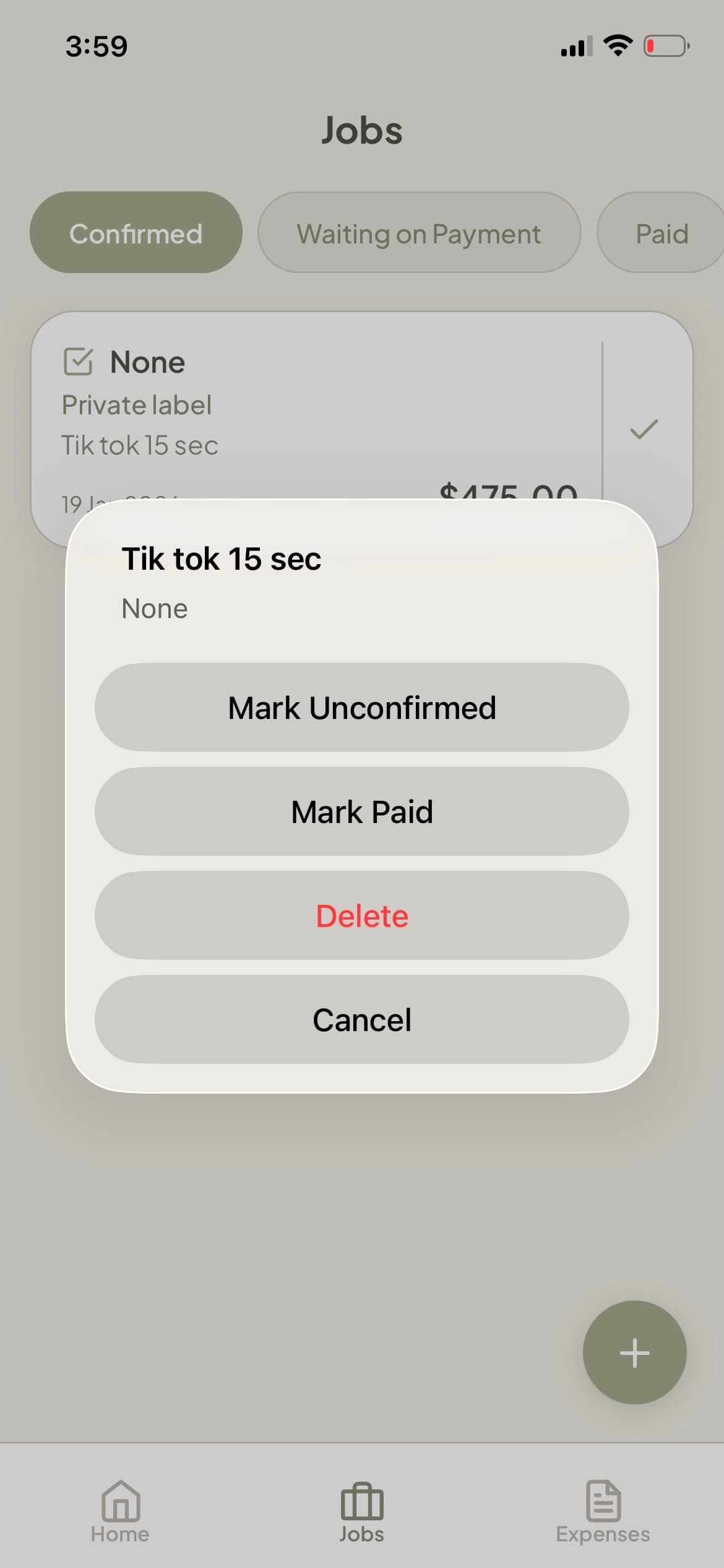 BOOKDU job confirmation screen showing job details before saving