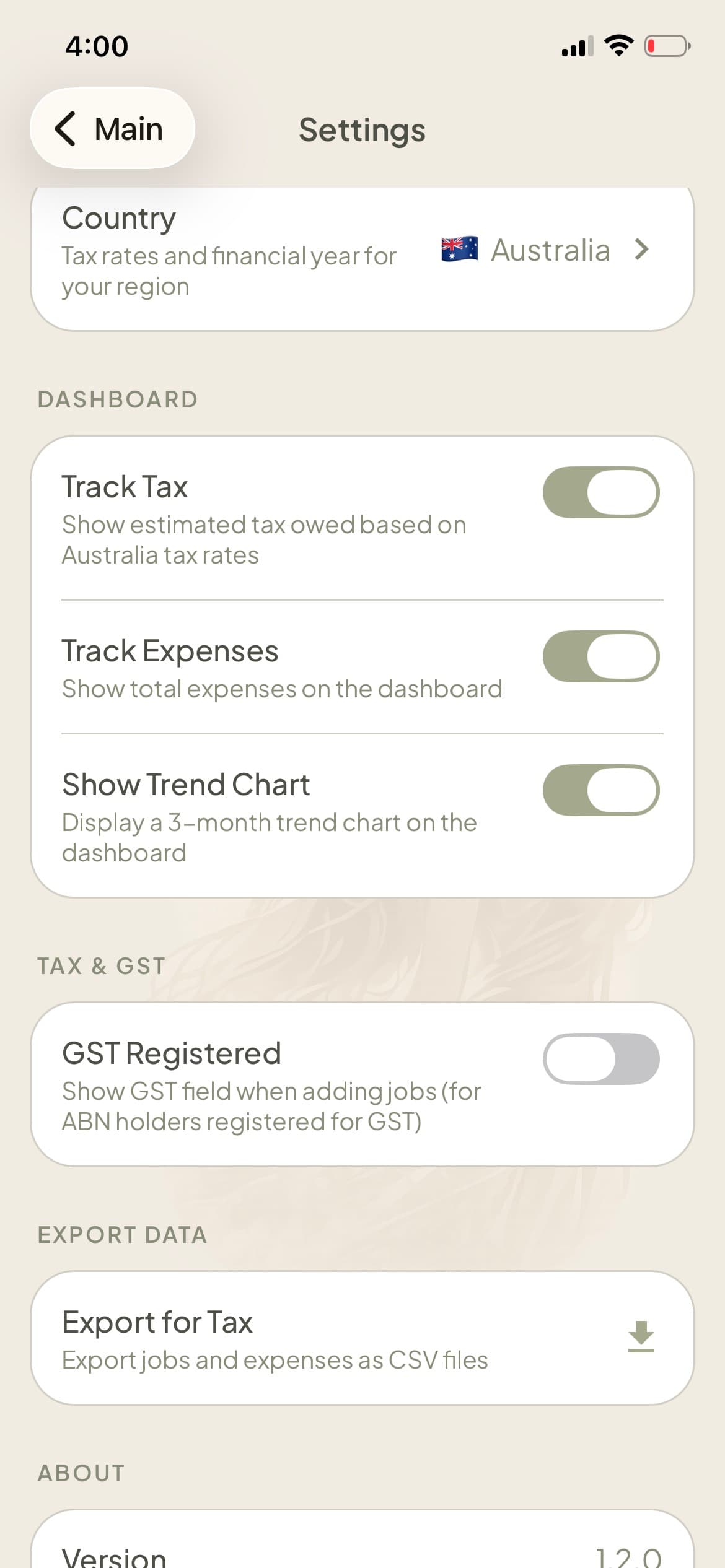 BOOKDU app settings screen for customising tracking preferences