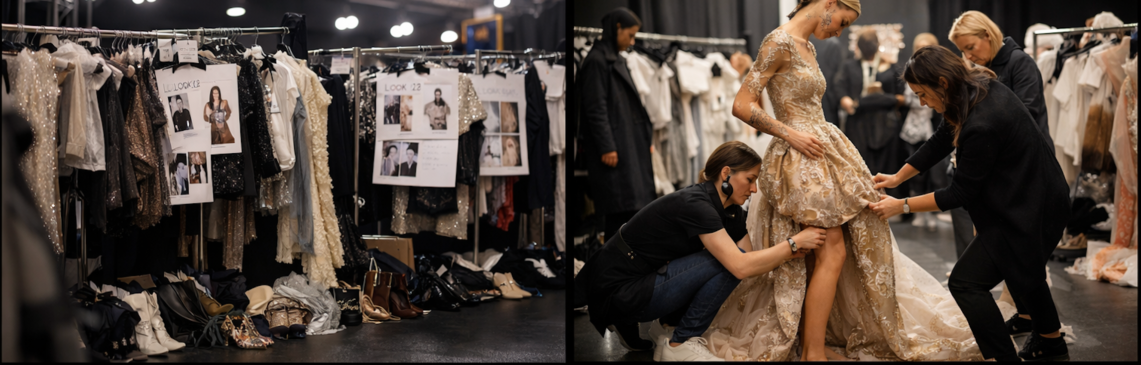 Backstage at a fashion show — clothing racks, look sheets, and a model being fitted