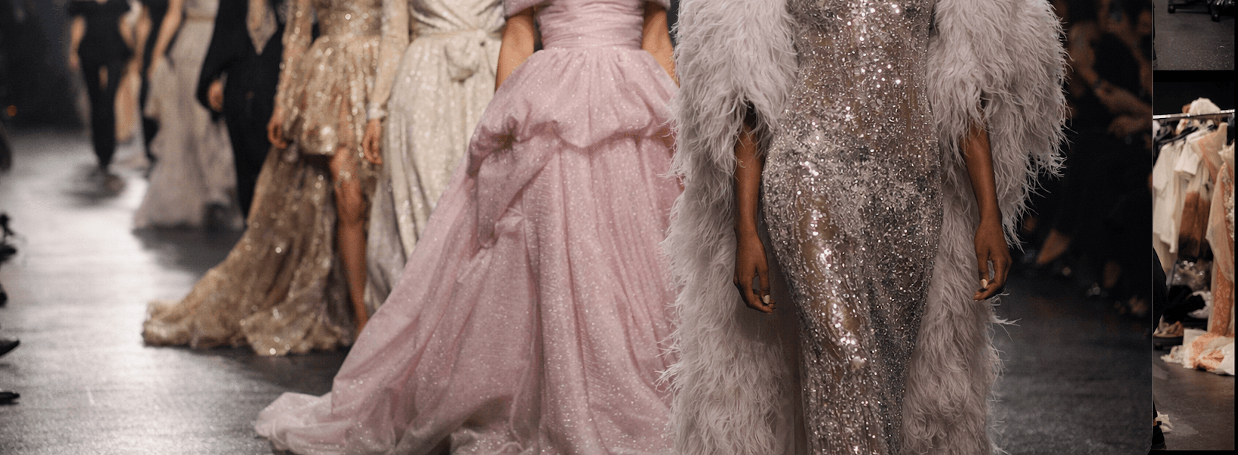 Models walking the runway in couture gowns